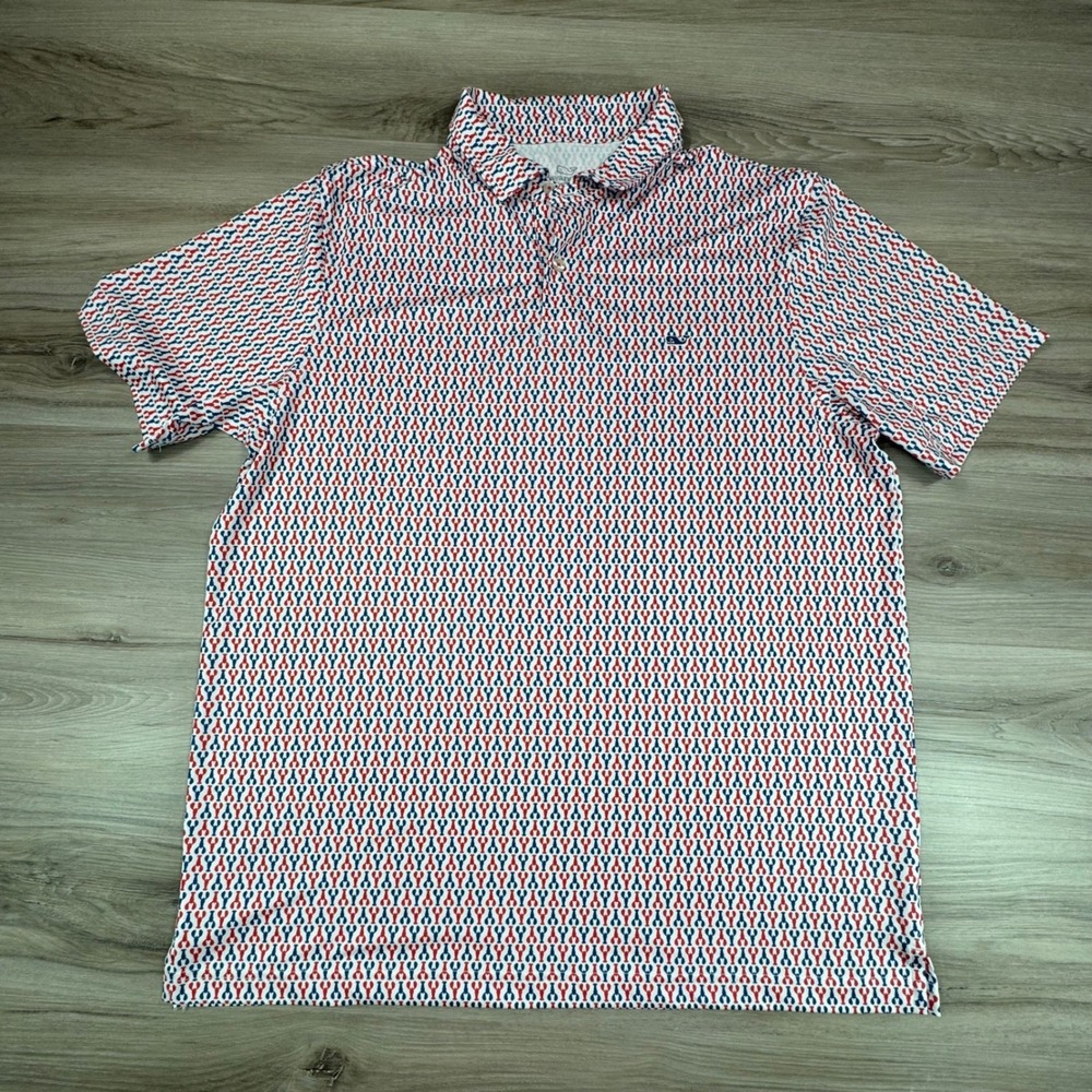 Vineyard Vines Mens Performance Lobster Print Polo Shirt White Red Blue Large